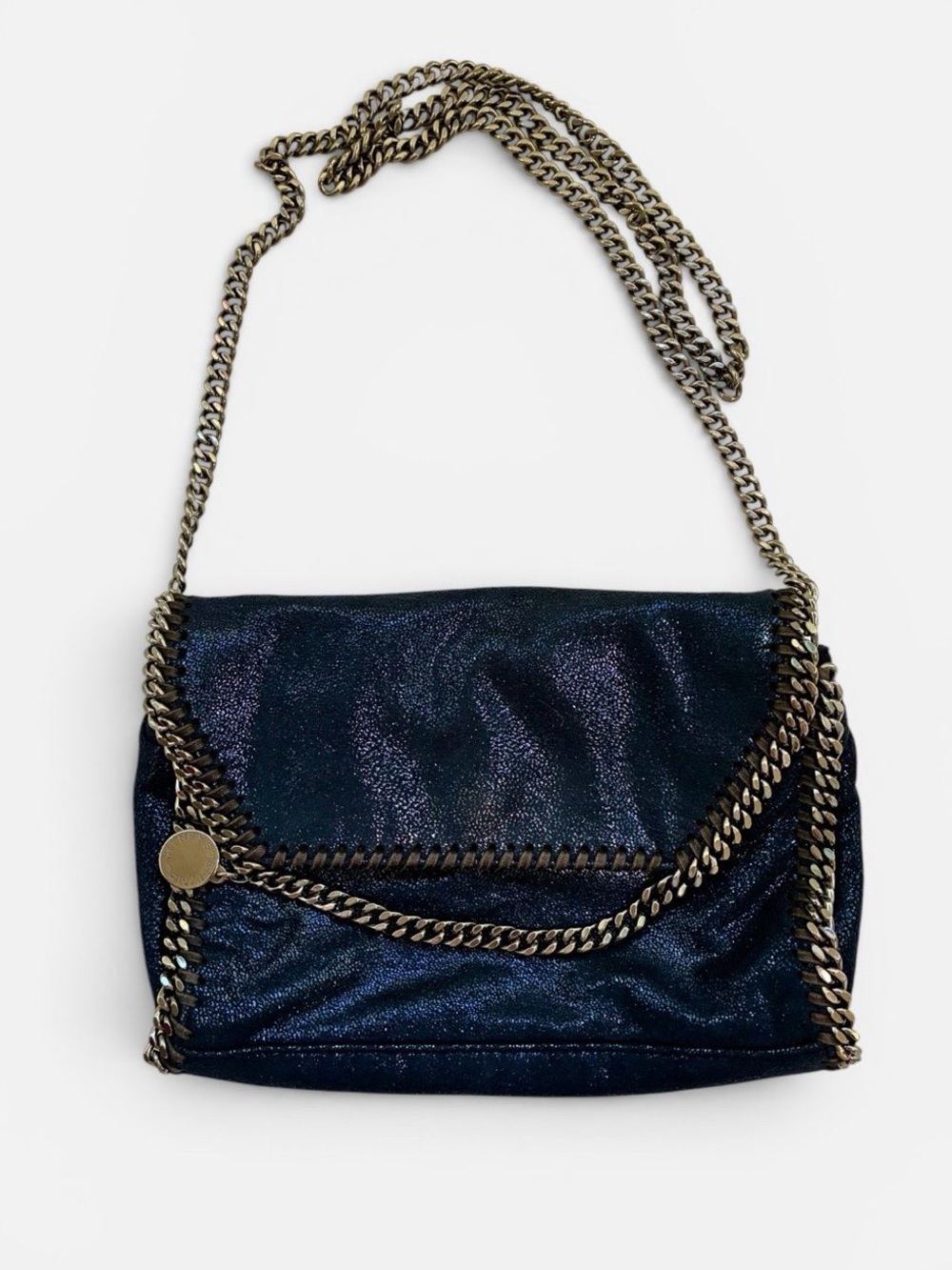 Stella McCartney Shimmer Navy Blue Chain-Trim Shoulder Bag